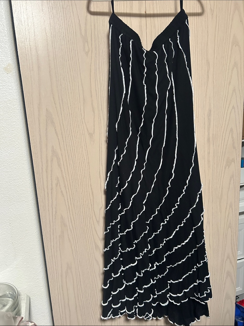 Alberto Makali Black Maxi Slip Dress with White Ripple Stripes